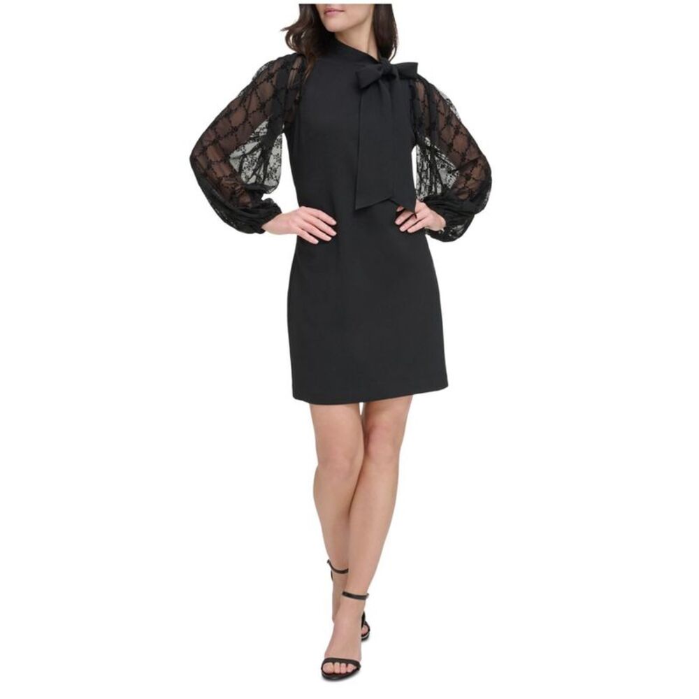 Vince Camuto Womens Crepe Bow Neck Sheath Dress, Black, 14, DM